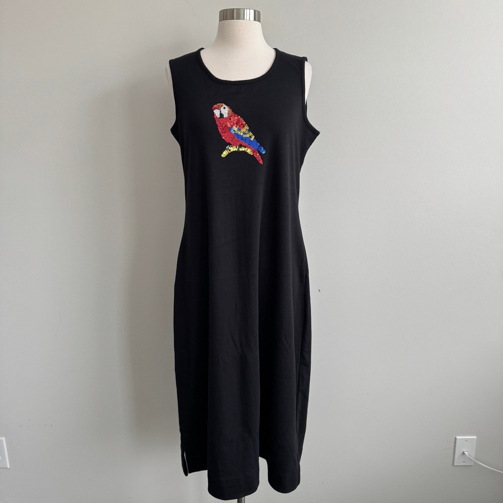 Quacker Factory Black Parrot Sequin Knit Sleeveless Maxi Dress Small McCaw